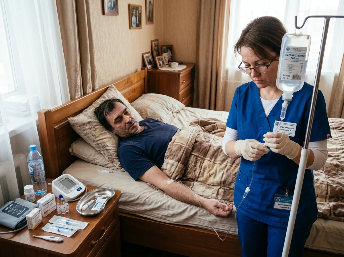 Врач-нарколог устанавливает капельницу пациенту, лежащему на кровати в домашней обстановке, медицинские препараты на прикроватном столике, профессиональная помощь при выводе из запоя
